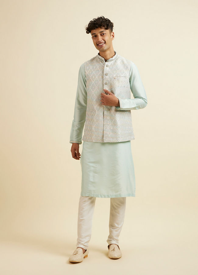 alt message - Manyavar Men Aqua Green & Light Grey Harlequin Print Jacket Set image number 3